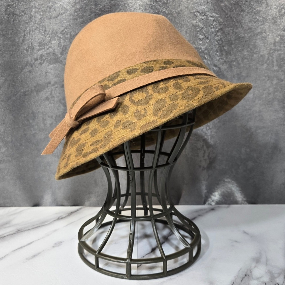 Collection XVIII Cloche Hat Womens OS Camel Brown Wool Blend Leopard Brim Bow